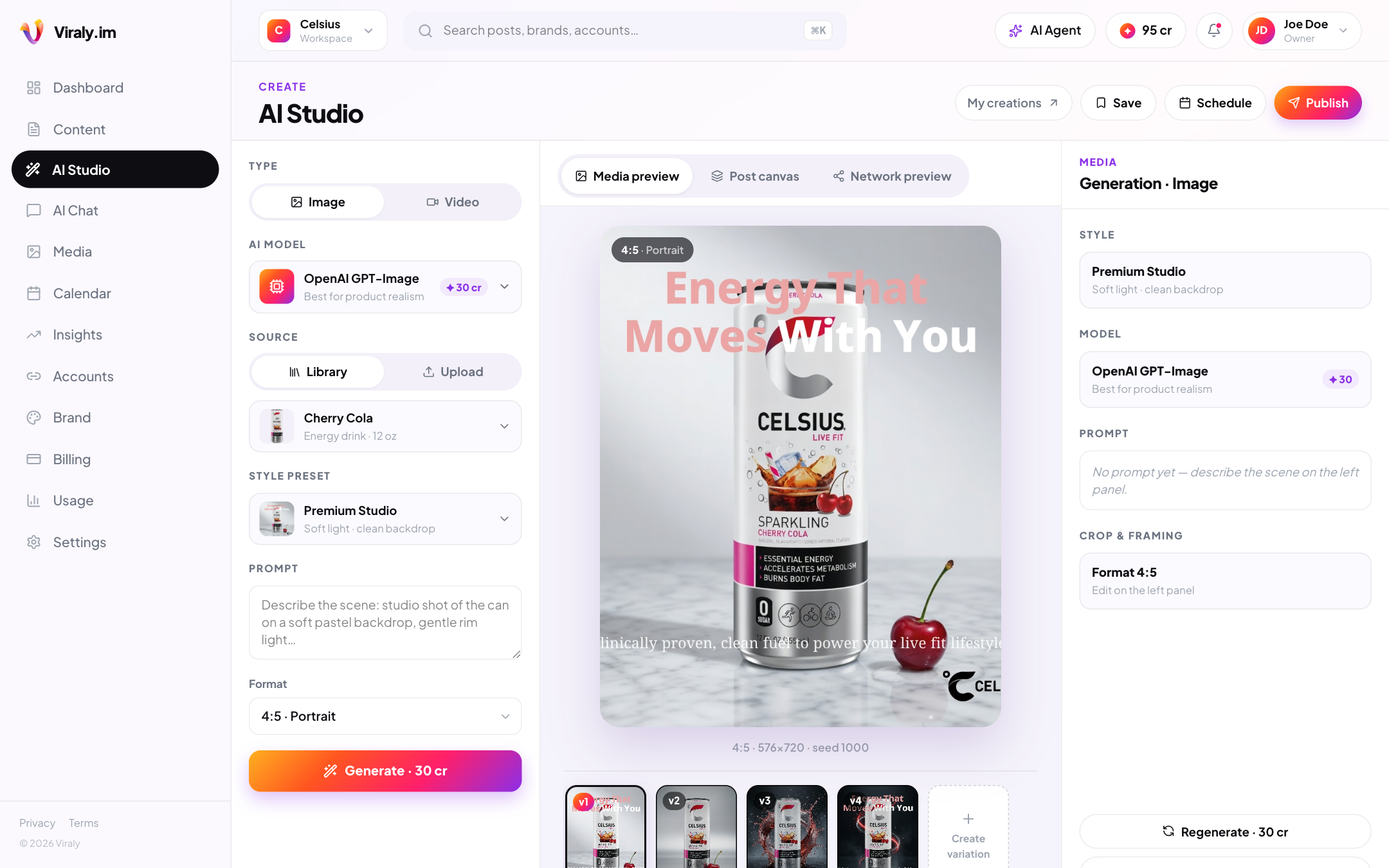 Viraly AI Studio generating an on-brand Celsius product image with four variants