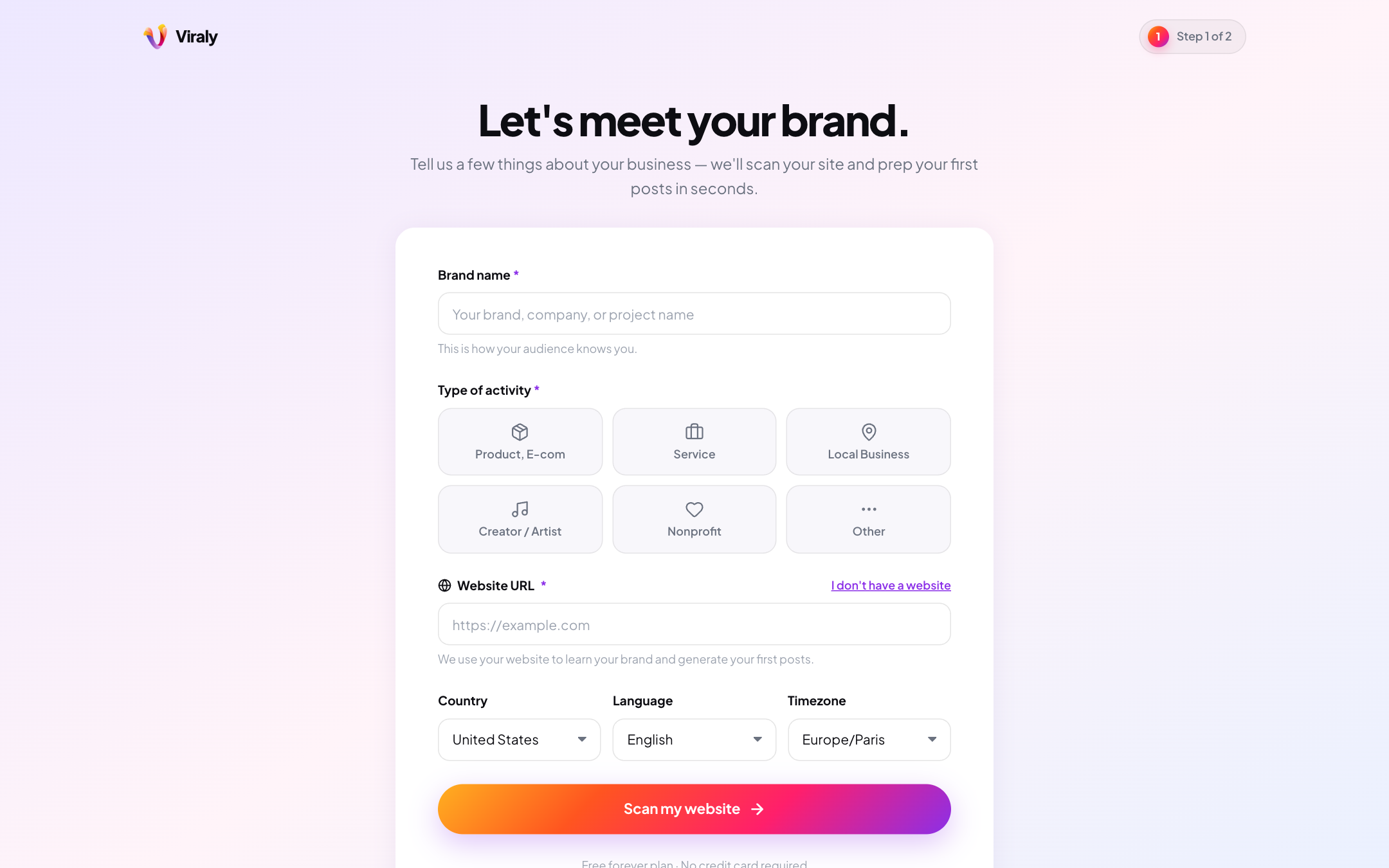 Viraly onboarding step asking for a website URL to scan and learn the brand