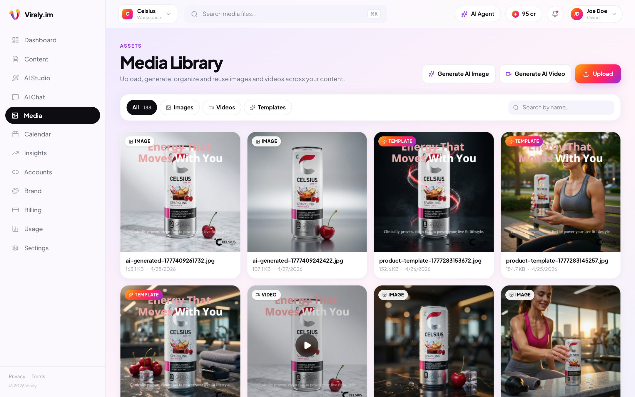 Viraly Media Library showing AI-generated images, templates, and videos for a brand workspace